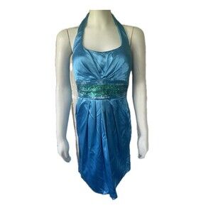 Josh & Jazz NWT Turquoise Beaded Satin Halter Mini Cocktail Dress Pockets 9/10